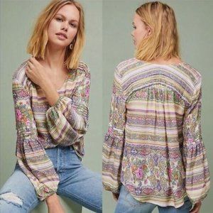 Anthropologie Maeve Ceresco Boho Floral Blouse Peasant Top Size 8 Petite